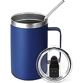 Volhoply 16oz Insulated Coffee Mug with Lid and Straw, Stainless Steel Travel Mugs with Handle, Double Wall Vacuum Leak Proof Coffee Tumbler Cup (Navy,1)