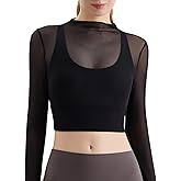 Luna & Sun Sheer Mesh Sexy Crop Top Longsleeve Mock Neck Criss Cross Strappy Back Design Padded Camisole Workout Yoga Fitness
