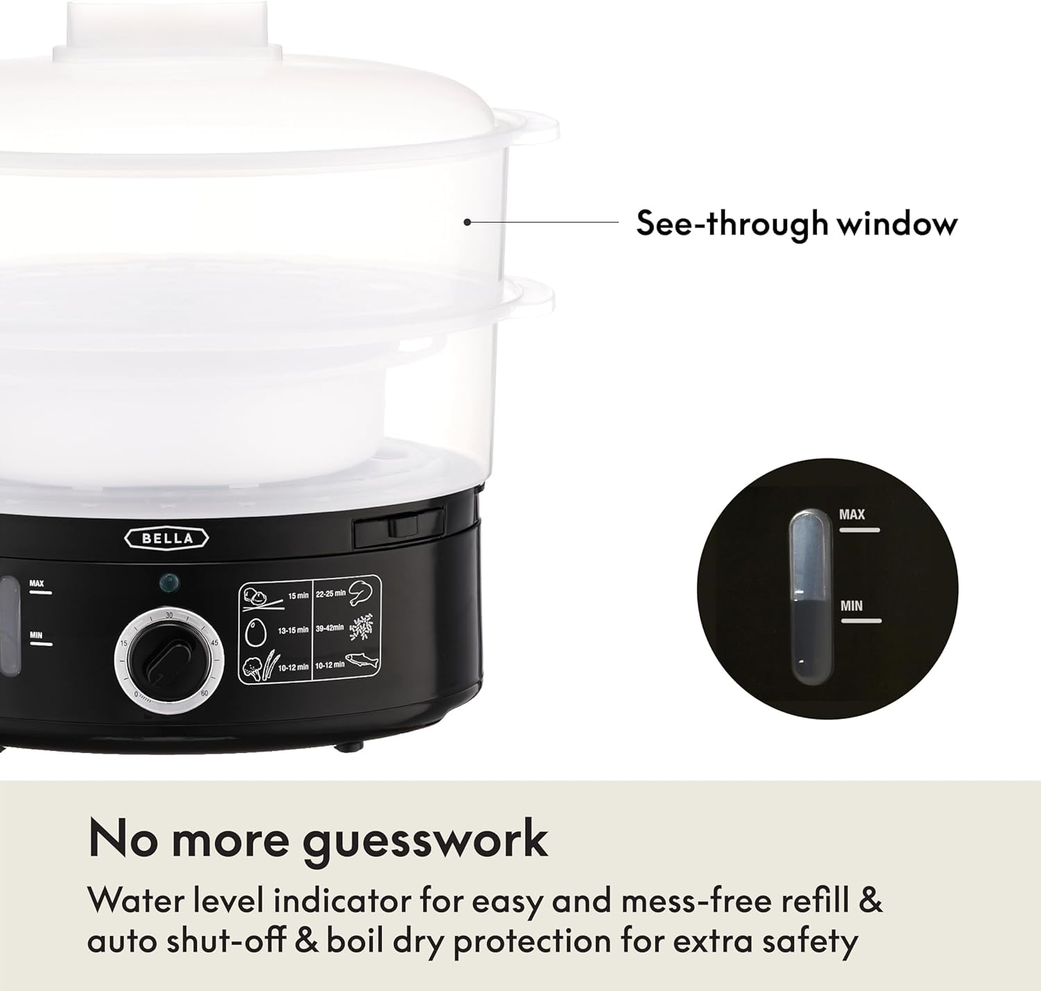 BELLA Two Tier Food Steamer with Dishwasher Safe Lids and Stackable Baskets & Removable Base for Fast Simultaneous Cooking - Auto Shutoff & Boil Dry Protection, Stainless Steel, 7.4 QT, Black