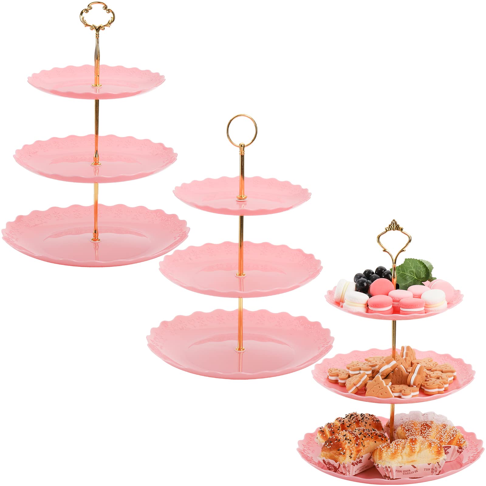 Photo 1 of Tosnail 3 Pack 3 Tiers Pink Plastic Cupcake Stand Dessert Stand Tiered Serving Trays with 3 Styles Gold Rod, Party Serving Trays Fruit Pastry Holders for Wedding and Party - Heart and Flower Embossed