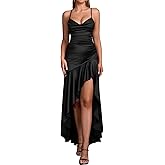 Auraxe Satin V Neck Cocktail Party Maxi Dress Bodycon Backless Ruffle Long Prom Formal Wedding Guest Dresses with Slit