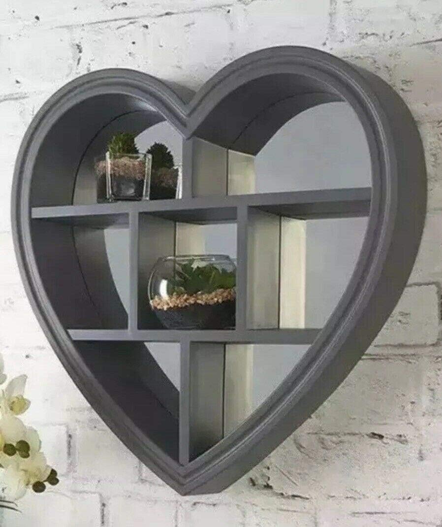 BPIL Heart Mirror Shelf 6 Sections Wooden Design 45cm x 45cm Grey