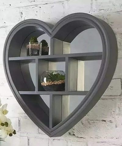 BPIL Heart Mirror Shelf 6 Sections Wooden Design 45cm x 45cm Grey