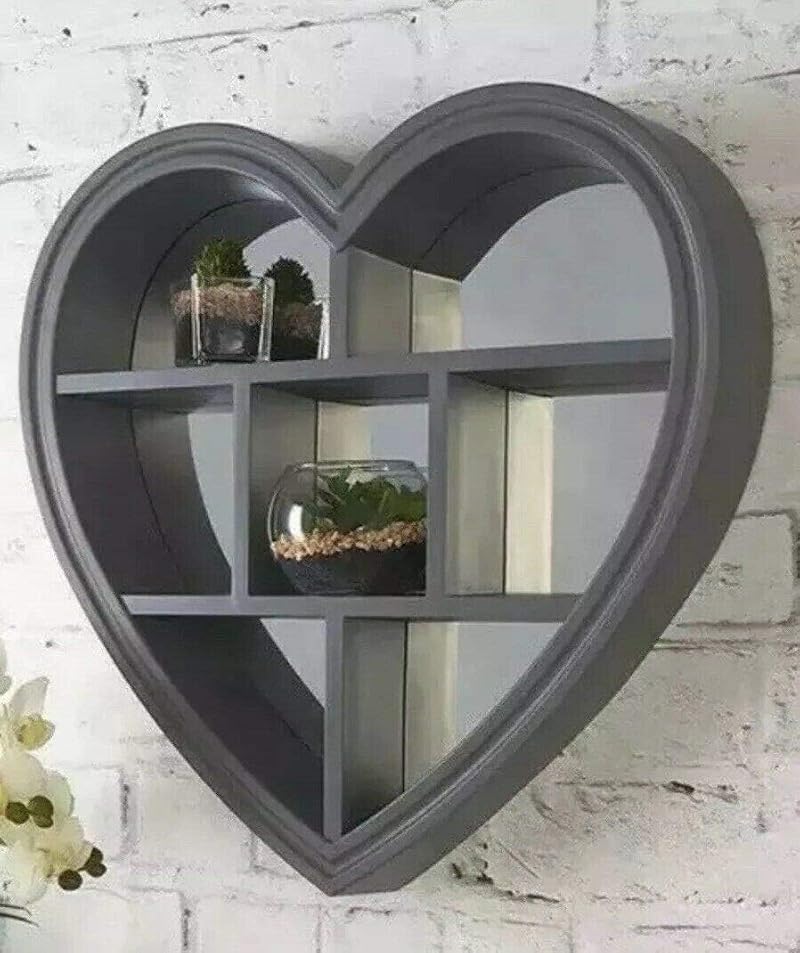 BPIL Heart Mirror Shelf 6 Sections Wooden Design 45cm x 45cm Grey