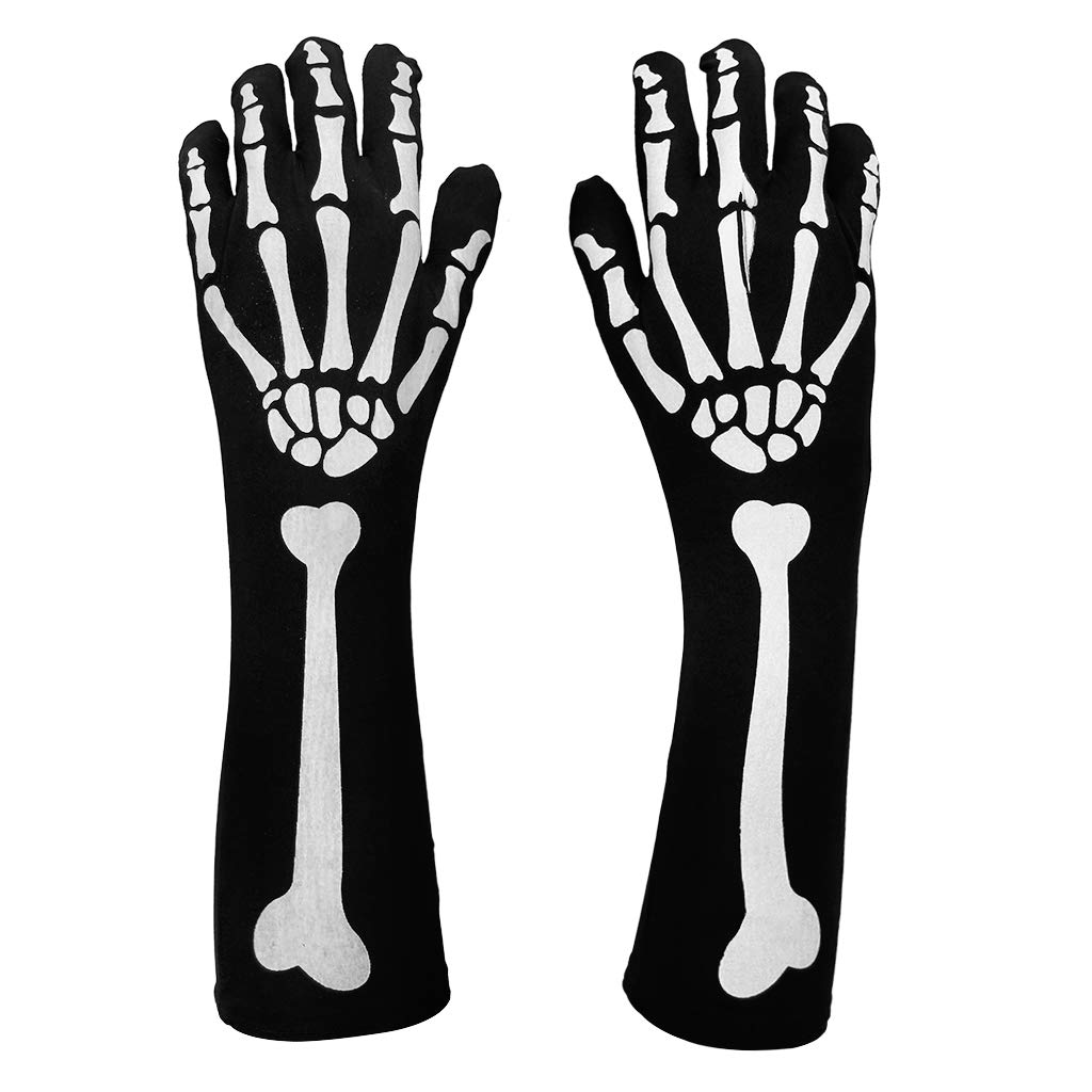 Faxianther Halloween Skeleton Gloves Stretchy Funny Skull Bone Full Finger Long Gloves Arm Sleeves Cosplay Fancy Dress Party Costume Accessory for Men Women Teens