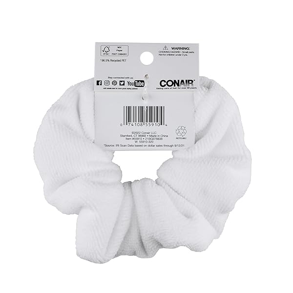 SCUNCI TERRY TOWEL SCRUNCHIE – ECO-FRIENDLY, MADE FROM RECYCLED PLASTIC BOTTLES, SUPER ABSORBENT, SOFT & GENTLE ON HAIR, QUICK-DRY, ANTI-FRIZZ, WHITE, PLANET-FRIENDLY HAIR ACCESSORY FOR ALL HAIR TYPES