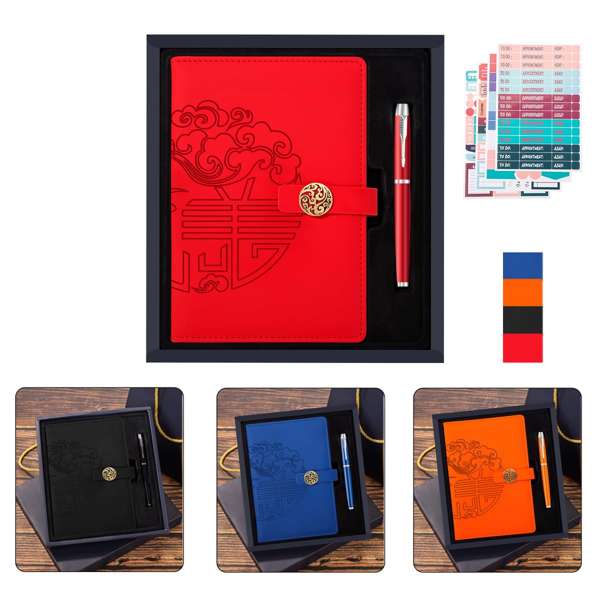 ZMHQLPDZ A5 Leather Journal Notebooks- Magnetic Buckle Notebook with Metal Pens & Gift Box & 4 sheet Label Stickers for Work, Study, Journaling (RED)