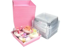 Inkurie 50 Pcs Charcuterie Boxes with Clear Lids, 4.7'' Cake Box Pink Paper Dessert Boxes Oil-Proof Cookie Containers Square 