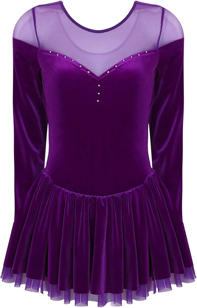 Agoky Women's Double Layer Mesh Shoulder Velvet Long Sleeve Dance Leotard Dress Figure Ice Skating Wrap Skirt: Clothing