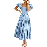 Plustrong Womens Square Neck Smocked Boho Maxi Dress Summer Flowy Long Beach Party Wedding Guest Dresses