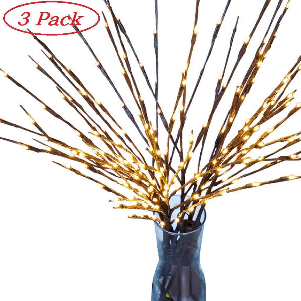 MOLLG Willow Branches Lights, Lighted Twig Battery Powered 20 Inches 20 LED Lights for Christmas Home Decoration(3 Pack, Warm White)