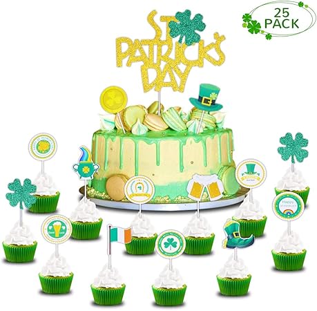 Amazon セントパトリックデー ケーキトッパー パーティー用品 ケーキデコレーション シャムロック アイリッシュ ステイン パトリックデー グリーン グリッター カップケーキトッパー ラッキーリーフデザート ケーキインサート おもちゃ おもちゃ
