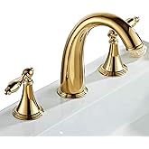 Beelee Gold Solid Brass Widespread Bathroom Faucet 3 Hole Two Handle Deck Mounted Faucet High Arc Lavatory Sink Taps with Ceramic Valve and 2 Hoses, Without Drain