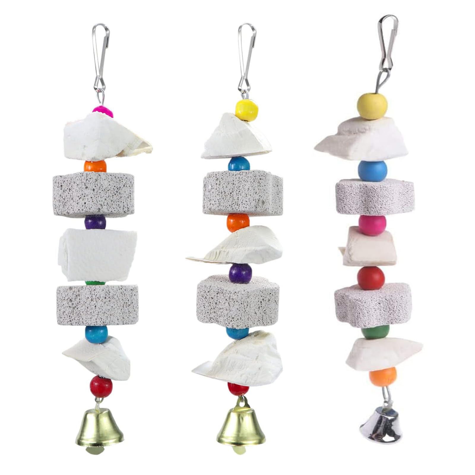 Yitaocity 3Pcs Bird Beak Trim Cuttlebone Calcium Stone Lava Block Chew Toy Grinding Teeth Natural Minerals with Bell for Parakeets, Cockatiels, Conures, Budgies, Lovebirds