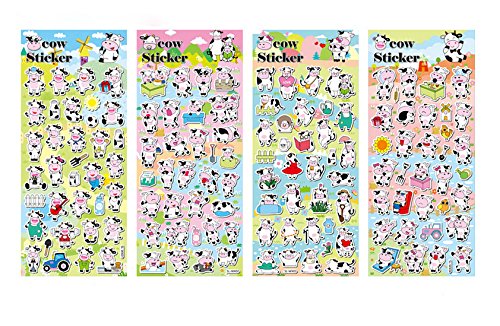 4 Sheets Cute Lovely Puffy DIY Decorative Adhesive Sticker Tape / Kids Craft Scrapbooking Sticker Set for Diary, Album (Cow)