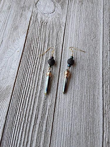 Fire and Ice Blue and Gold Aura Quartz and Lava Stone Essential Oil Diffuser Earrings