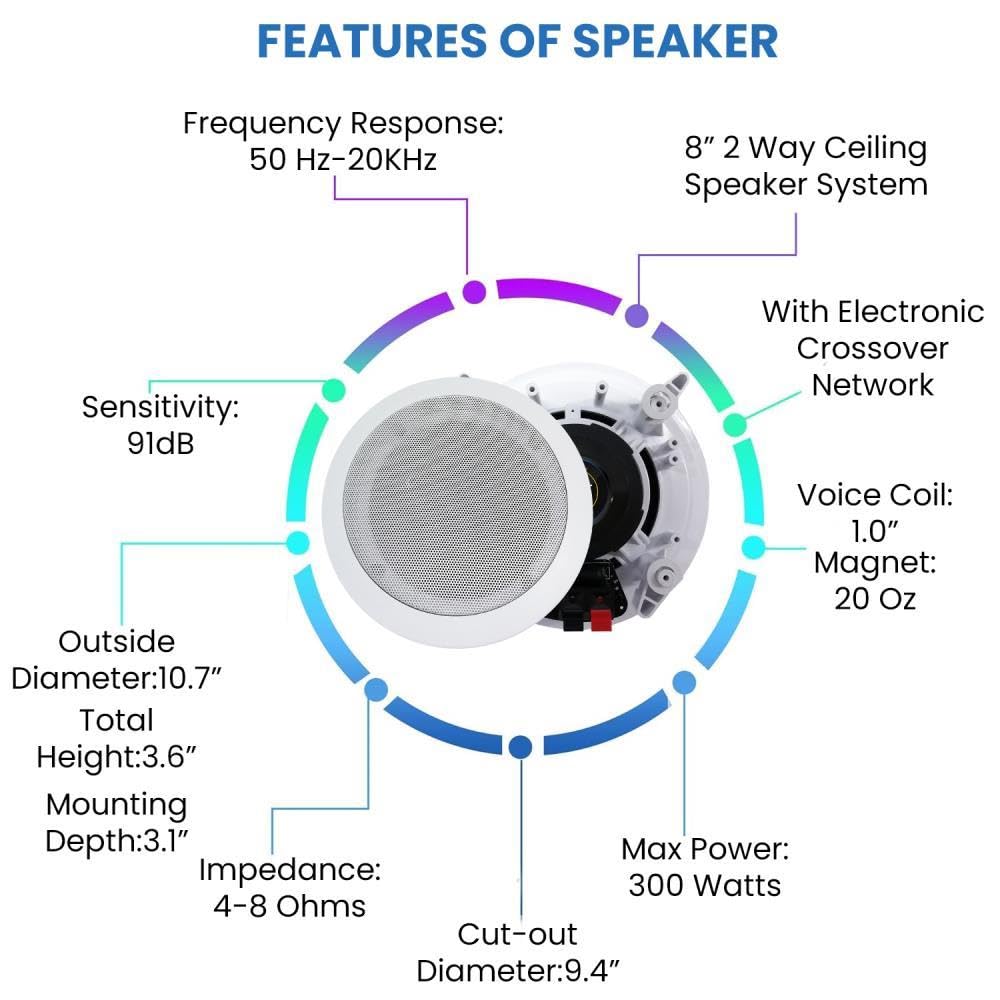 Home Theater Sound System Kit - 1000 Watts Bluetooth Amplifier w/ 4 QTY of 8