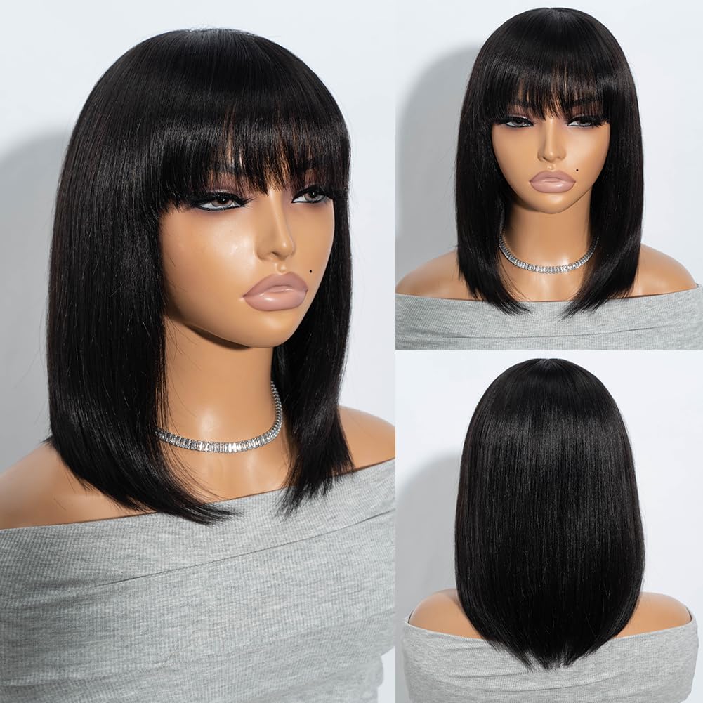 Joedir 12" Straight Bob Wig with Bangs Brazilian Straight Human Hair Wigs None Lace Front Wigs Shoulder Length Human Hair Machine Made Bob Wigs for Women 130% Density (1B)