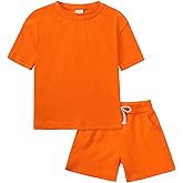 KISBINI Toddler Kids Plain Short Sleeve T-Shirt and Shorts Set Unisex Cotton Summer Outfit Clothes for Little Boys or Girls