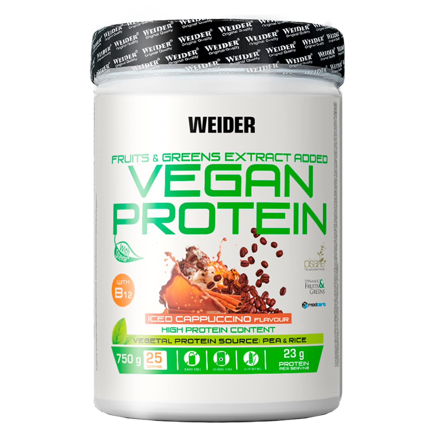 Weider Vegan Protein (750g) Iced Cappuccino Flavour. 100% Plant-Based Protein from Pea (PISANE) & Rice. Gluten-Free. Lactose-Free. Hexane-Free.