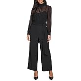 Calvin Klein womens Long Sleeve Mock Neck Chiffon Overlay Belted Twofer Jumpsuit