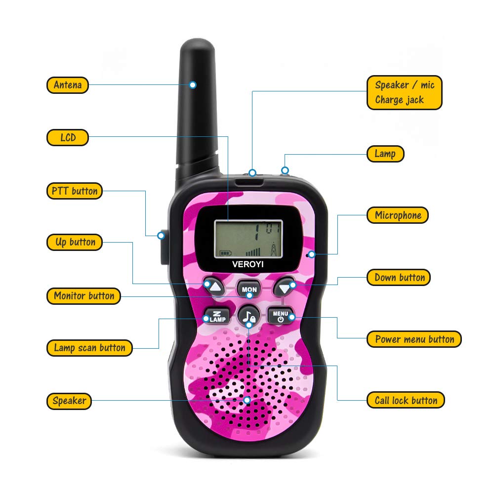 Veroyi Walkie Talkie for Kids, Boys and Girls, 22 Channels 2 Way Radio Toys with Backlit LCD Display and Flashlight for Indoor Outdoor Activity (2-Pack)