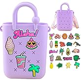 Mini Silicone Tote Bag, Rubber Beach Tote with Adjustable Strap &22 Cute Decorations for Little Girl & Woman