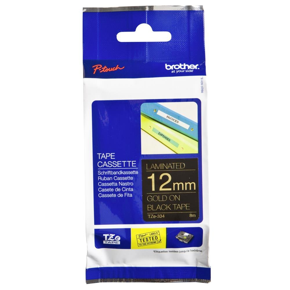 Brother TZe-334 Labelling Tape Cassette, 12 mm (W) x 8 m (L), Laminated, Brother Genuine Supplies - Gold on Black