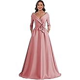 Xuzey Satin Mother of The Bride Dresses for Women Off The Shoulder Long Sleeve Formal Wedding Guest Dress with Pockets