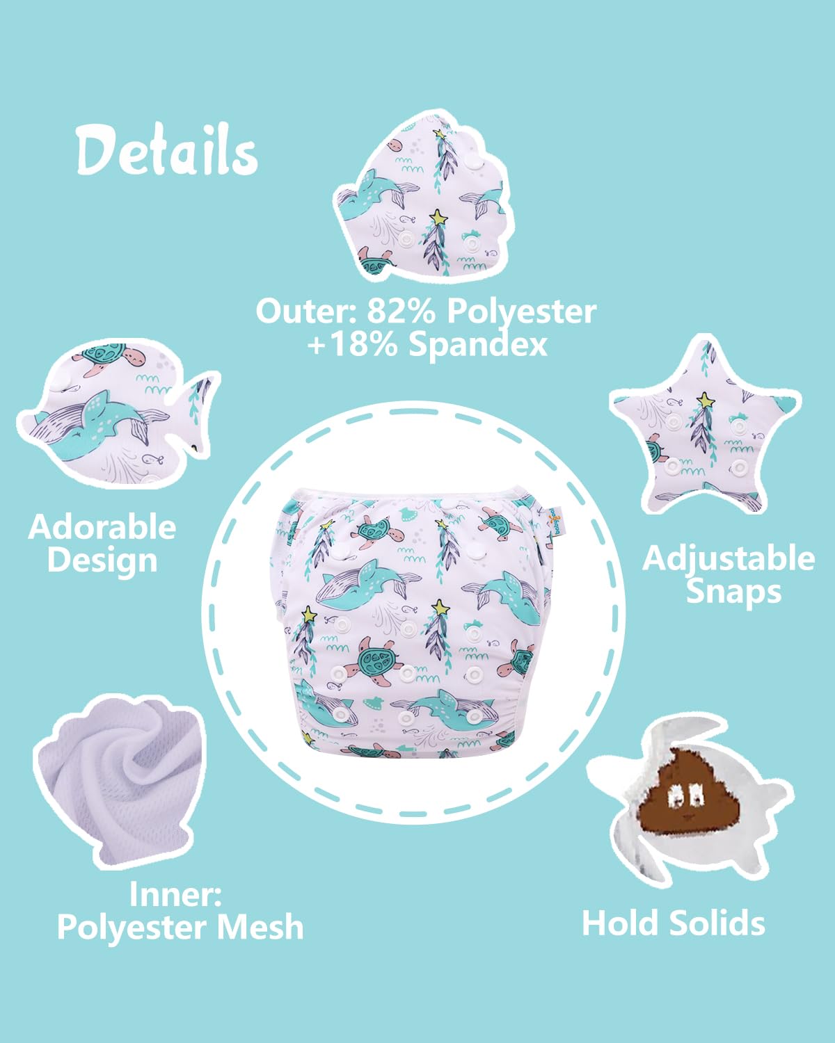 babygoal Reusable Swim Diapers with Wet Bag 4 Pack - Adjustable & Washable Water Diapers for 8M-3T Toddler Swimming Lessons-Animal Design