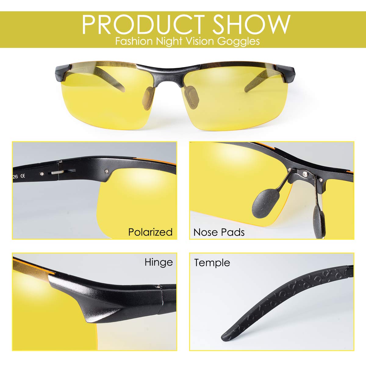 CHEREEKI Gafas de Sol Visión Nocturna, Gafas de Sol Visión Nocturna Polarizadas Hombre Mujer, Gafas de Conducir Deportes100% Protección UV400 Gafas para Conducción (amarillo)