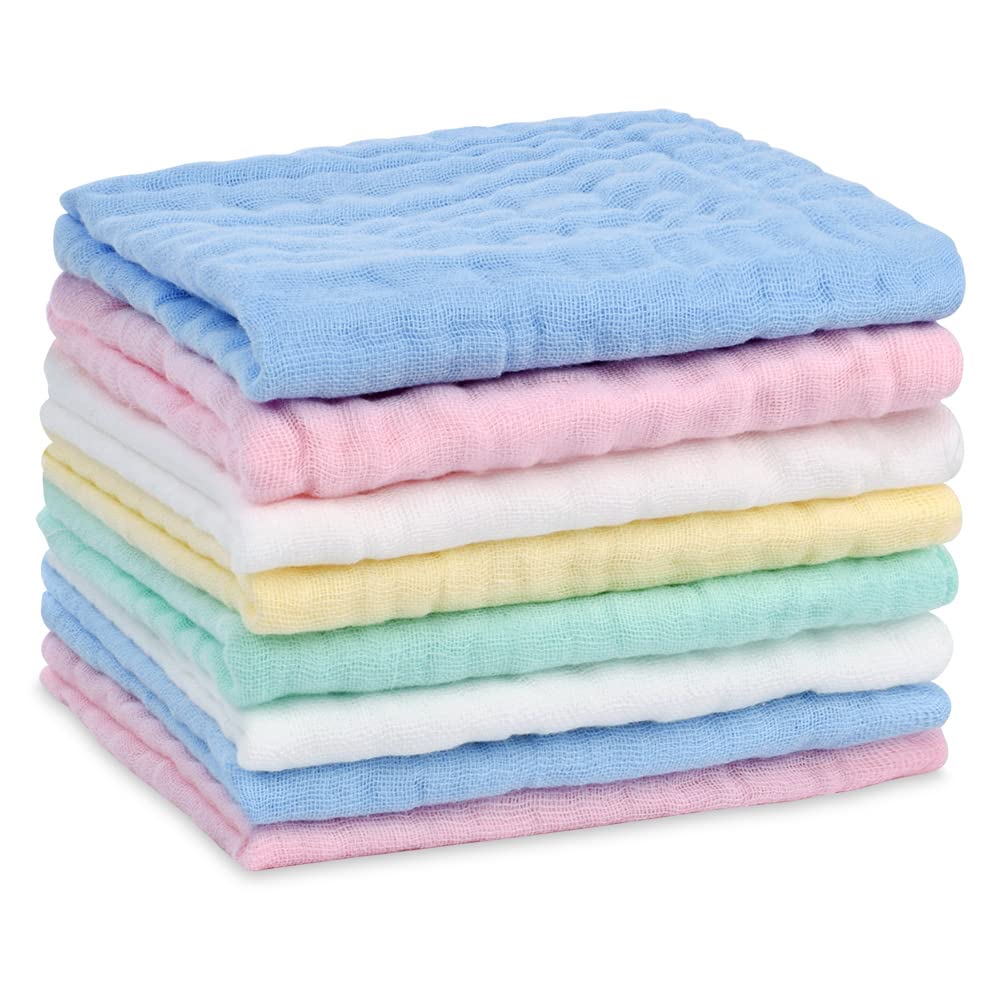 Aolso Baby Washcloths, 8pcs Muslin Cotton Baby Towels, 25x25 cm 6 Layers Cotton Baby Muslin Squares, Soft Baby Muslin Cloths, Absorbent & Breathable, Bibs for Girls & Boys