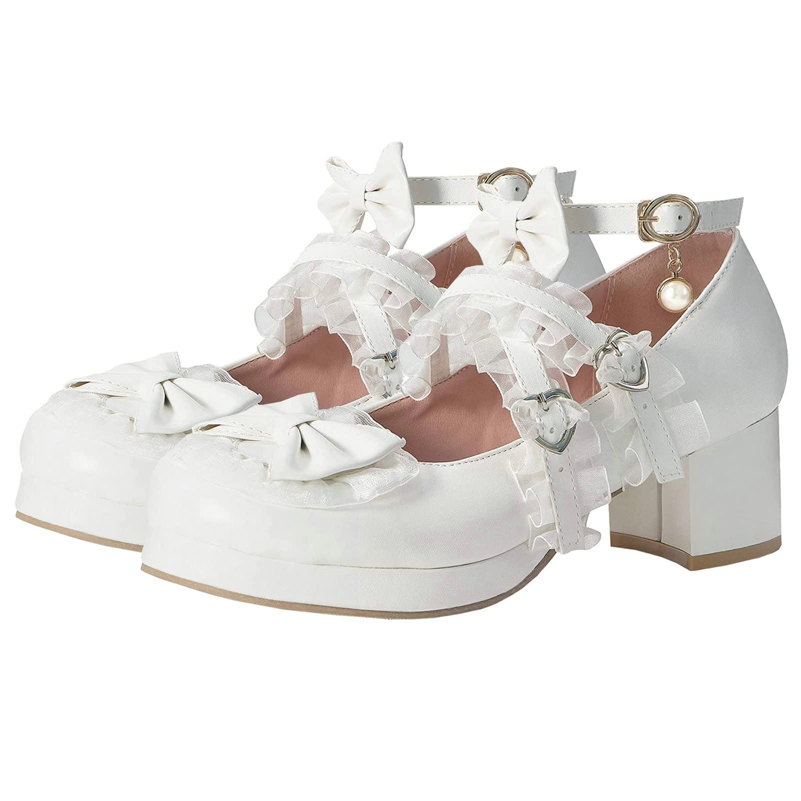 Photo 1 of Women Cute Lolita Shoes Platform Mary Janes Kawaii Strappy Ankle Strap Sweet Pumps Lace Cross Tied Dress Pumps, Size 8.5 M US,White