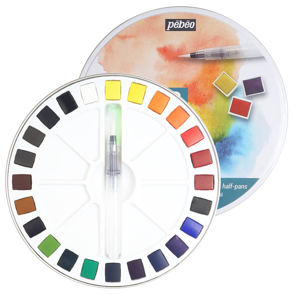 Pébéo -watercolor fine box round enmetal 24 half buckets -box painting watercolor Pébéo -KitWatercolorPalette( packaging may vary)