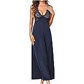 WDIRARA Women's Lace Backless Sexy Long Satin Sleepwear Deep V Neck Sleeveless Nightgown