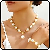 Gold Pearl Jewelry Set for Women Sparkly Rhinestone Necklace Trendy Cuff Bracelet Elegant Pearl Stud Earrings Bridal Wedding Jewelry Accessories for Bridal