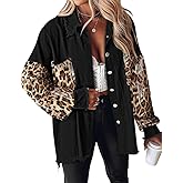 CHICME Womens Denim Jacket Sequin Patchwork Long Sleeve Jackets Top Button Front Oversized Denim Shacket