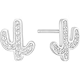 Amazon Essentials Sterling Silver or 14K Gold Over Silver Western Cactus and Horseshoe Stud Earrings with Cubic Zirconia