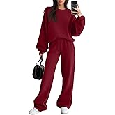 Sweetyweee Women's 2 Piece Outfits Set Fleece Lined Lounge Sweatsuit Crewneck Pullover Top Wide Leg Pants Casual Tracksuit(Wine Red,Large)