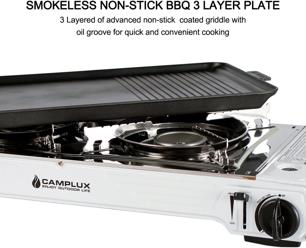 Camplux Portable Camping Butane Gas Stove Twin Burner 16,000BTU with Carrying Case, Stainless Steel (Stainless Steel & White): Sports & Outdoors