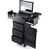 Rolling Makeup Case with LED mirror, Cosmetology Case on Wheels with Lighted Mirror, Professional Salon Trolley Cart with 3 Drawers,Travel Makeup Lockable Beauty Organizer with Live Stream Light