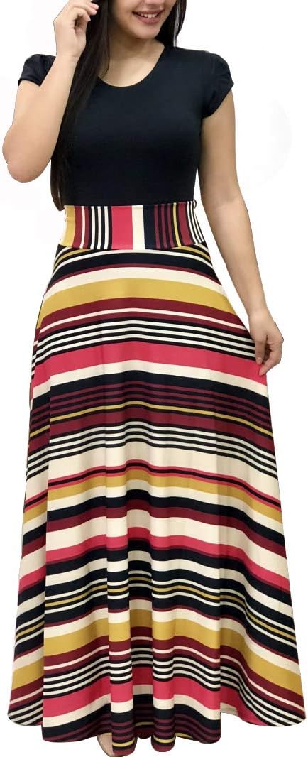 Uinolo Womens Short Sleeve Floral Printed Splicing Color Prom Cocktail Swing Long Maxi Dress