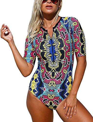 Womens Zip Front Printed Half Sleeve One Piece Swimsuit Bikinis