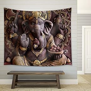 Sculpture of Gannesa Hindu God on The Orange Wall - Fabric Tapestry, Home Decor - 51x60 inches