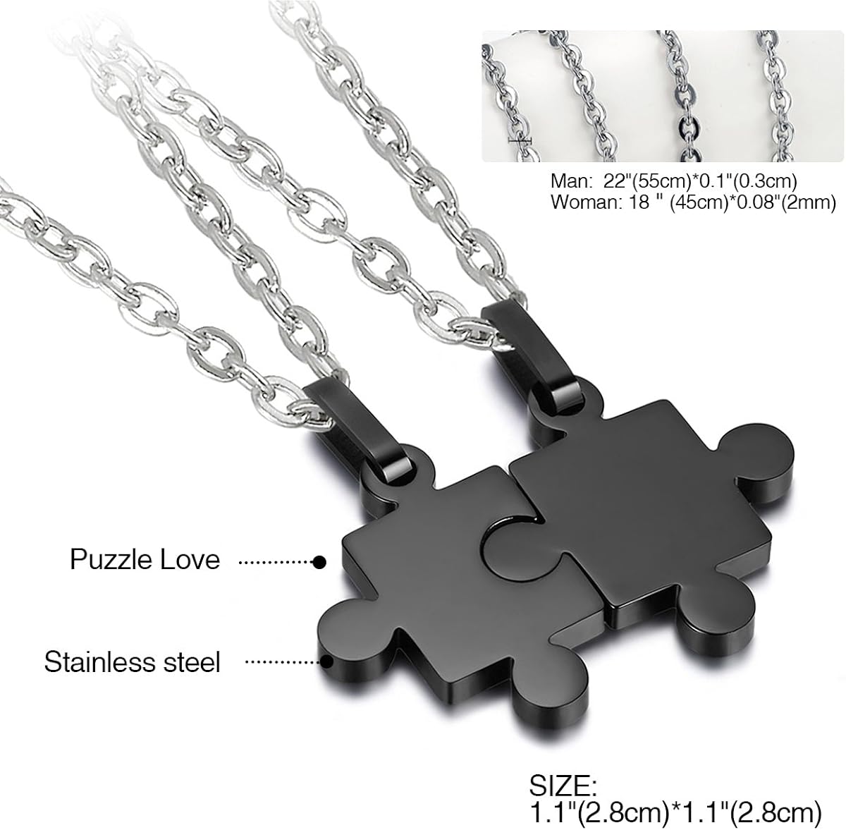 Cupimatch 2 Pieces Black Stainless Steel Puzzle Matching Pendant Couple Necklace Set including 18" & 22" Chain - Image 4