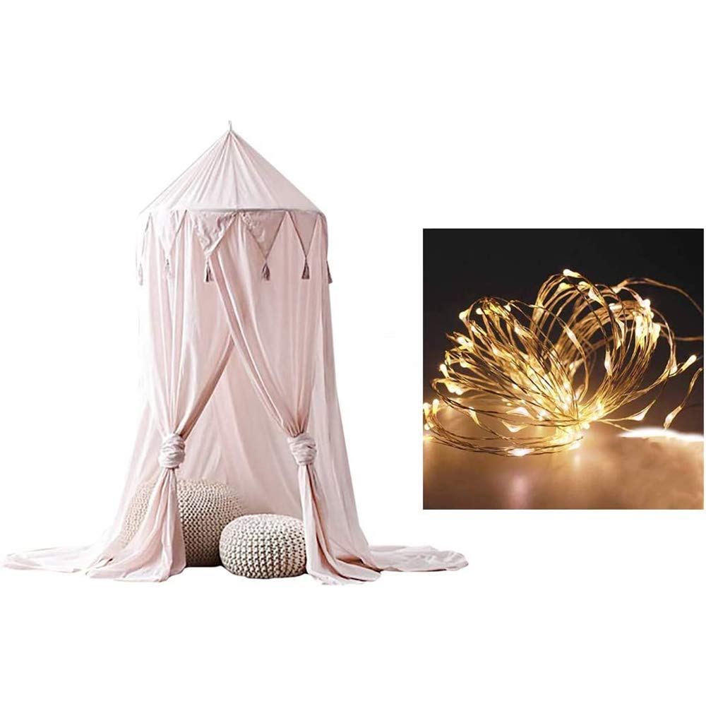 Bed Canopy with Lights,Mosquito Net Kids Round Dome Play Tent,Curtain Bedding Round Tent for Bedroom Decoration with 10M Lights (Pink)