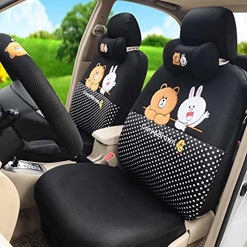 Fashion Lovely Cartoon Bear Car Seat Cover Full Set Car Steering Wheel Cover Classical Cartoon Truck Seat Cushion (black)