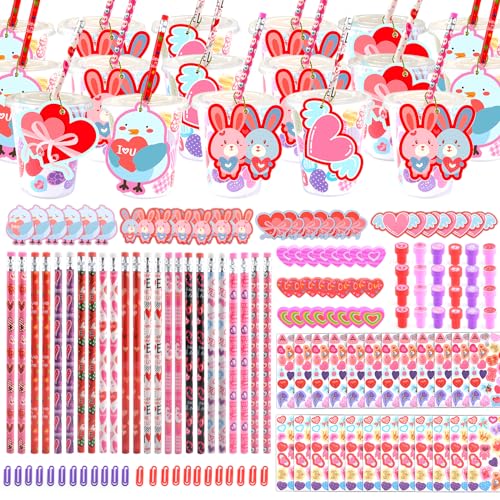 Coosilion 168 PCS Valentines Stationery Set, Kids Classroom Party Favors Toys with Cards Pencils Stickers Erasers Stampers Cups, Valentine Exchange Gifts for Classmates