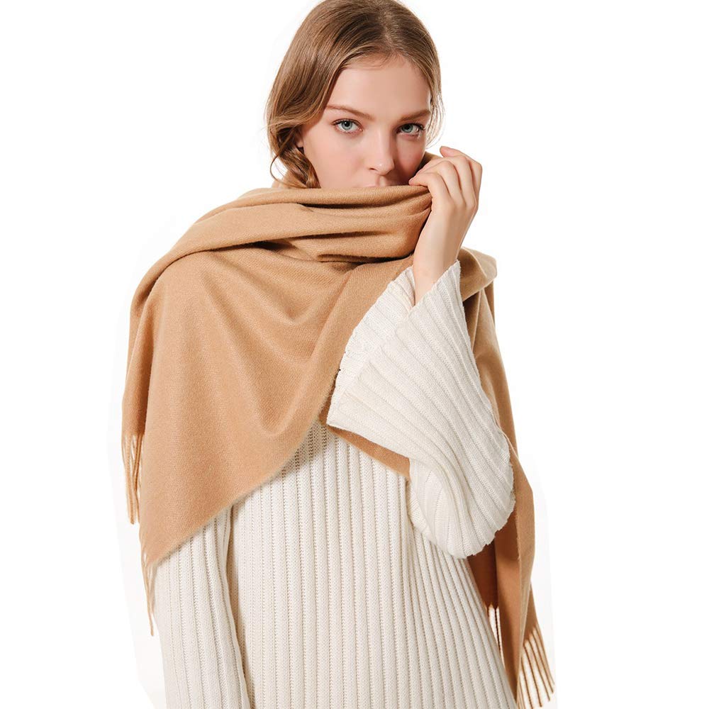 Solid Color Cashmere Scarf for Women Soft Pashmina Wraps Shawls with Fringe for Winter (Camel)