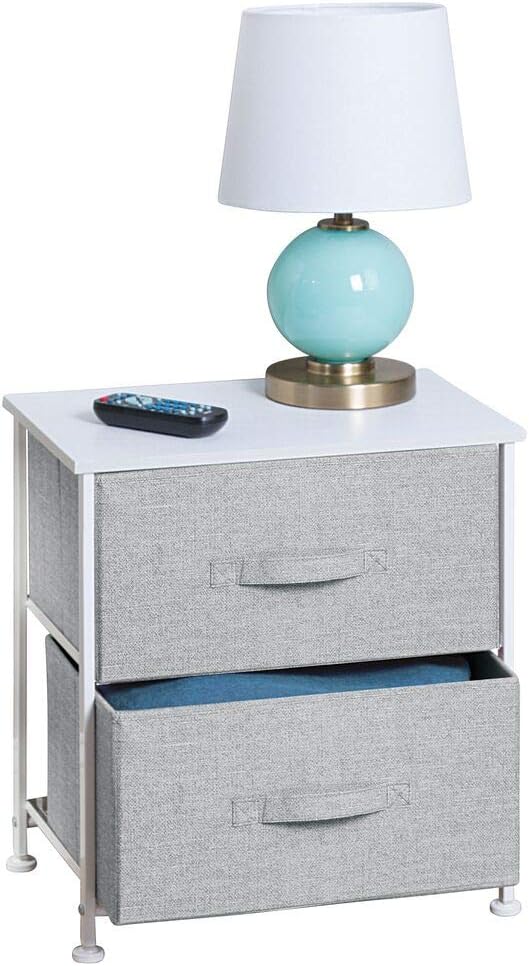 mDesign Night Stand/End Table Storage Tower - Sturdy Steel Frame, Wood Top, Easy Pull Fabric Bins - Organizer Unit for Bedroom, Hallway, Entryway, Closets - Textured Print - 2 Drawers - Gray/White -